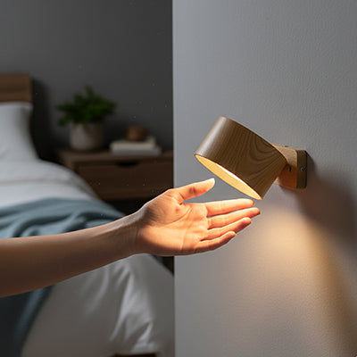 Applique murale pour chambre bois au mur au contact de la main
