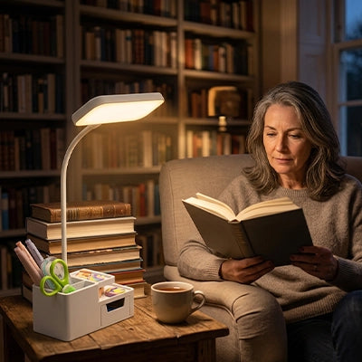 Lampe de bureau ajustable tactile rechargeable LED une dame lit au salon sur son canapé