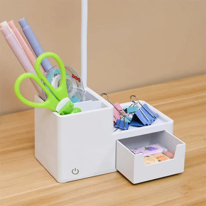 Lampe de bureau ajustable tactile rechargeable LED avec boite de rangement au pied de la lampe