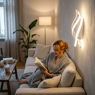 chambre applique murale spirale LED trois ambiances une femme lit sur son canapé